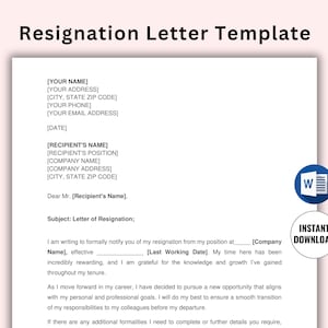 Plantilla de carta de renuncia profesional imprimible, plantilla de carta de renuncia, plantilla de carta de aviso editable en Microsoft Word