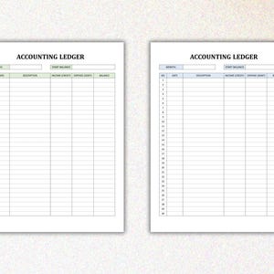 May include: A printable accounting ledger with columns for month, date, description, income, expenses, and balance. The ledger has 30 rows for recording transactions.