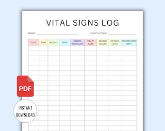 Printable Vital Signs Log, Daily Health Tracker, Vital sign tracker for nurse, Vital signs Sheet, Nursing vitals sheet, Blood Pressure Log