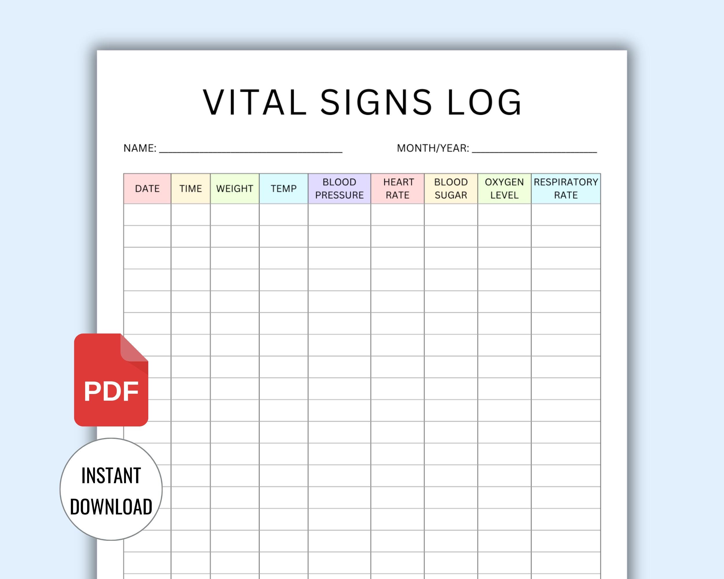 Printable Vital Signs Log Daily Vitals Chart Vital Signs Template for