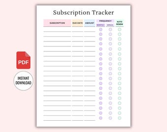 Printable Subscription Tracker PDF | Monthly Expense Log | Membership & Bill Organizer | Spending Planner Insert