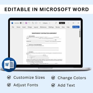 K&ouml;nnte beinhalten: Ein Laptop, der eine Vorlage f&uuml;r einen "Independent Contractor Agreement" in Microsoft Word anzeigt. Der Bildschirm zeigt ein Dokument mit ausf&uuml;llbaren Feldern. Das Bild enth&auml;lt auch das Microsoft Word-Logo und den Text: "Gr&ouml;&szlig;en anpassen", "Farben &auml;ndern", "Schriftarten anpassen" und "Text hinzuf&uuml;gen".
