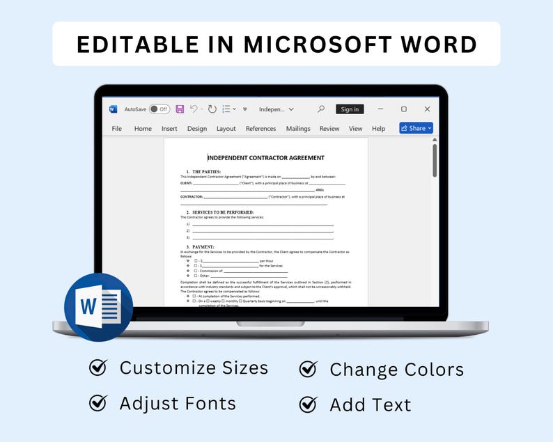 K&ouml;nnte beinhalten: Ein Laptop, der eine Vorlage f&uuml;r einen "Independent Contractor Agreement" in Microsoft Word anzeigt. Der Bildschirm zeigt ein Dokument mit ausf&uuml;llbaren Feldern. Das Bild enth&auml;lt auch das Microsoft Word-Logo und den Text: "Gr&ouml;&szlig;en anpassen", "Farben &auml;ndern", "Schriftarten anpassen" und "Text hinzuf&uuml;gen".