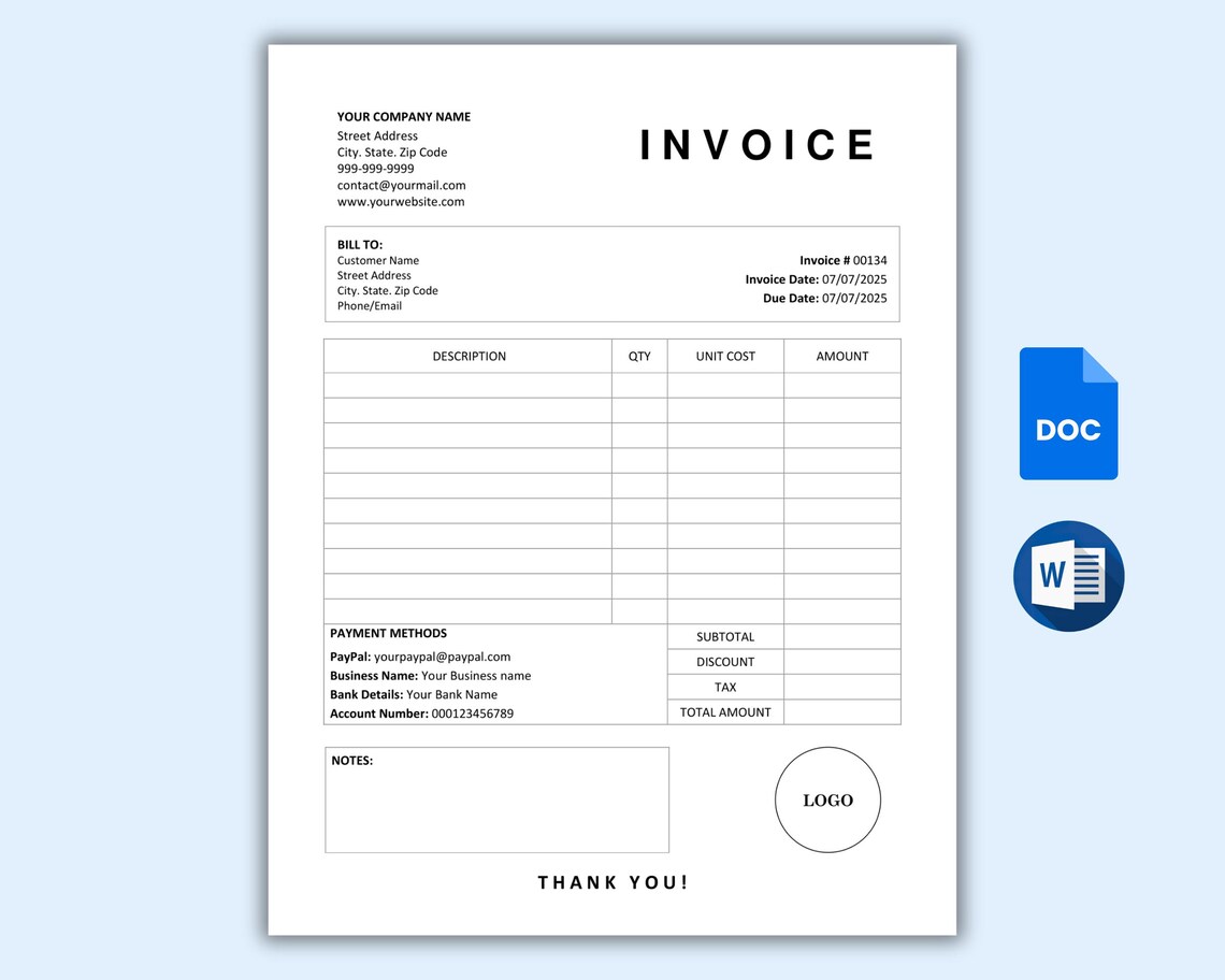 Editable Invoice Template Word & Google Docs | Professional Business ...