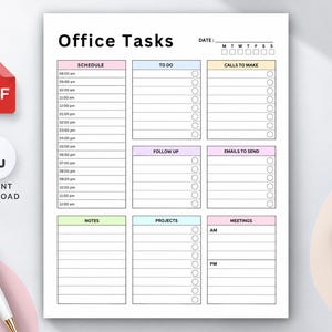 Peut inclure: Une page de planification imprimable blanche intitulée Office Tasks avec un en-tête noir et des sections colorées. Elle comprend un emploi du temps de 8h00 à 00h00, des listes de tâches, des appels, des suivis, des e-mails, des notes et projets.