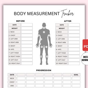 Puede incluir: Seguimiento de medidas corporales imprimible con una silueta gris de una persona con partes del cuerpo numeradas. El seguimiento tiene secciones para "Antes", "Después" y "Progreso" con columnas para la fecha, el peso, el cuello, el pecho, el brazo, la cintura, las caderas, el muslo y la pantorrilla.