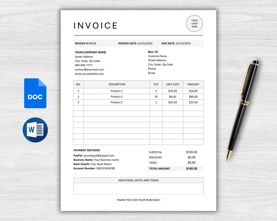 Editable Invoice Template Word & Google Docs. Business Invoice Form ...