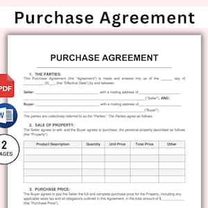 Puede incluir: Un documento blanco de "Purchase Agreement" con el título "Purchase Agreement" en la parte superior. El documento incluye secciones para las partes, la venta de la propiedad y el precio de compra. Se ven iconos de PDF y Word, junto con un indicador de "2 páginas".