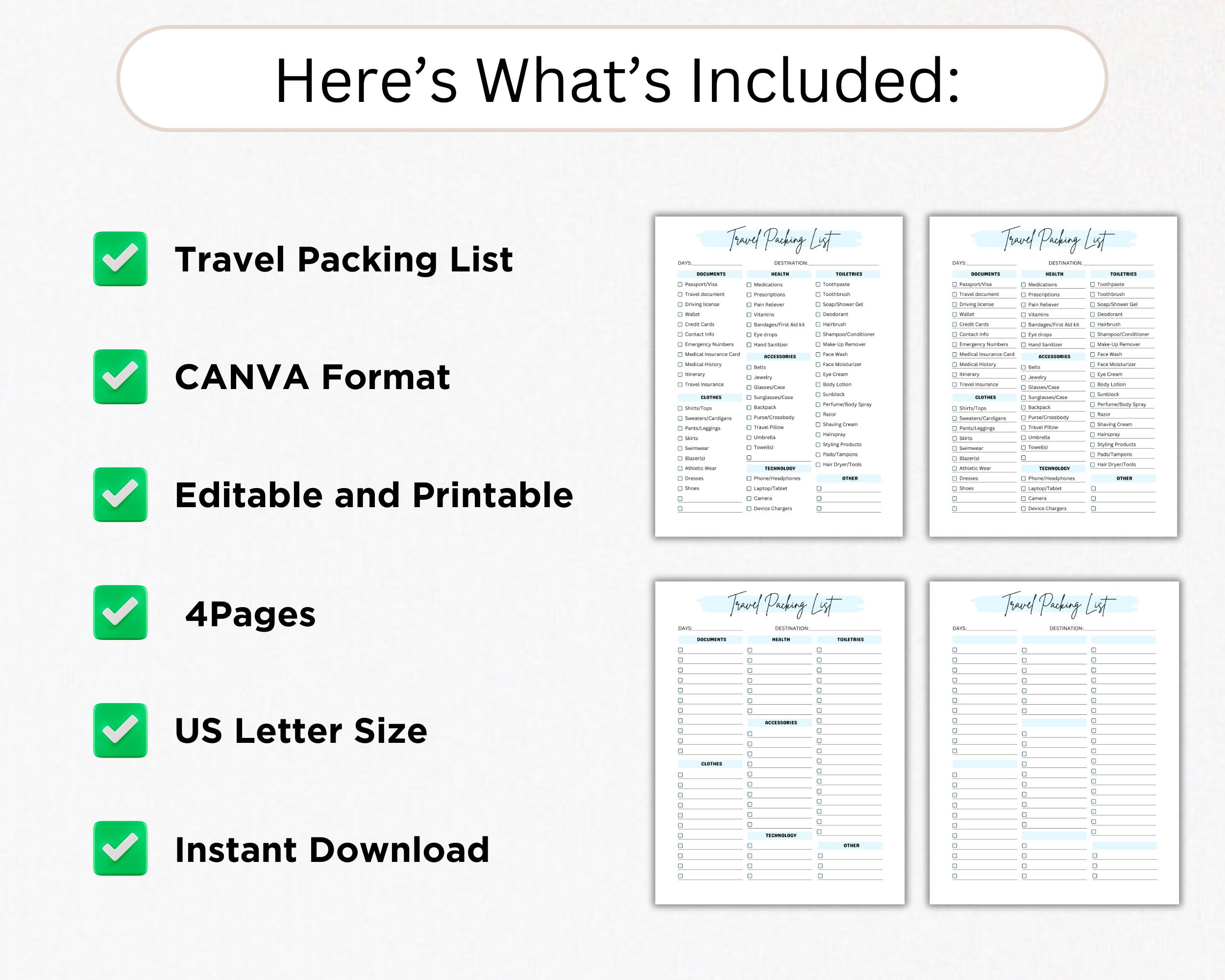 Editable Travel Packing List Canva | Printable Vacation Checklist for ...