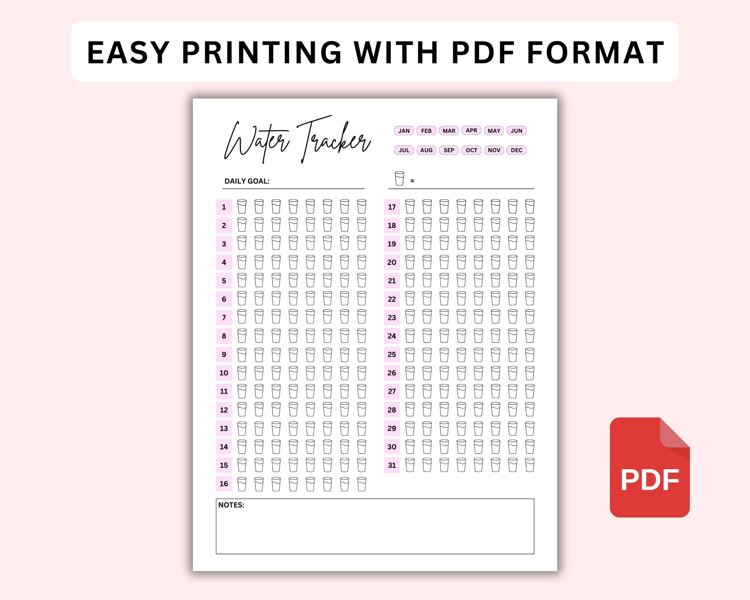Image showcasing Water Log Printable PDF, Monthly Water Intake Tracker, Hydration ...
