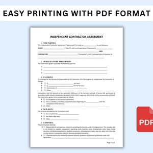 K&ouml;nnte beinhalten: Ein wei&szlig;es Dokument mit einer Vereinbarung f&uuml;r unabh&auml;ngige Auftragnehmer mit dem Text "EASY PRINTING WITH PDF FORMAT" oben. Ein rotes PDF-Symbol befindet sich in der unteren rechten Ecke. Das Dokument befindet sich auf einem hellblauen Hintergrund.