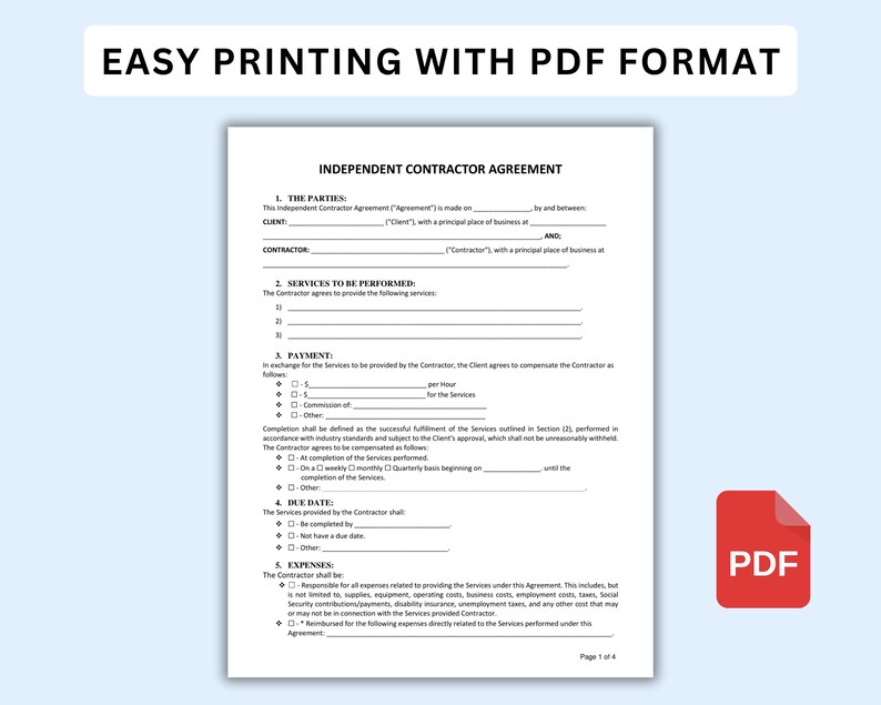 K&ouml;nnte beinhalten: Ein wei&szlig;es Dokument mit einer Vereinbarung f&uuml;r unabh&auml;ngige Auftragnehmer mit dem Text "EASY PRINTING WITH PDF FORMAT" oben. Ein rotes PDF-Symbol befindet sich in der unteren rechten Ecke. Das Dokument befindet sich auf einem hellblauen Hintergrund.