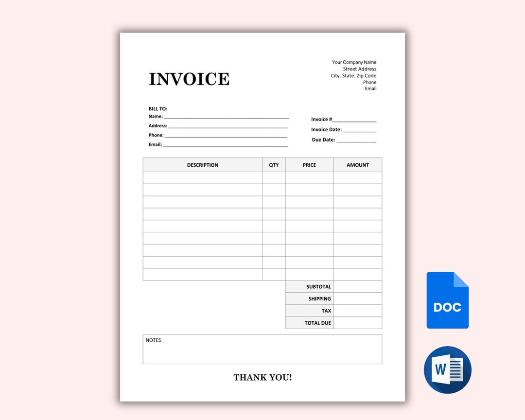 Editable Business Invoice Template, Custom Billing Form for Word ...