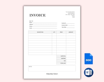 編集可能なビジネス請求書テンプレート、WordとGoogleドキュメント用のカスタム請求書フォーム、モダンな印刷可能な領収書、すぐにダウンロード可能