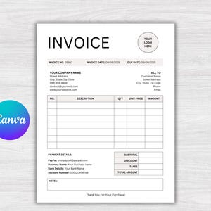 Invoice Template Canva. Small Business Invoice Editable. Printable Invoice Template. Billing Template. Invoice Form. Receipt Form