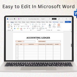 May include: A screenshot of a Microsoft Word document with a table titled "Accounting Ledger". The table has columns for month, date, description, income (credit), expense (debit), and balance.
