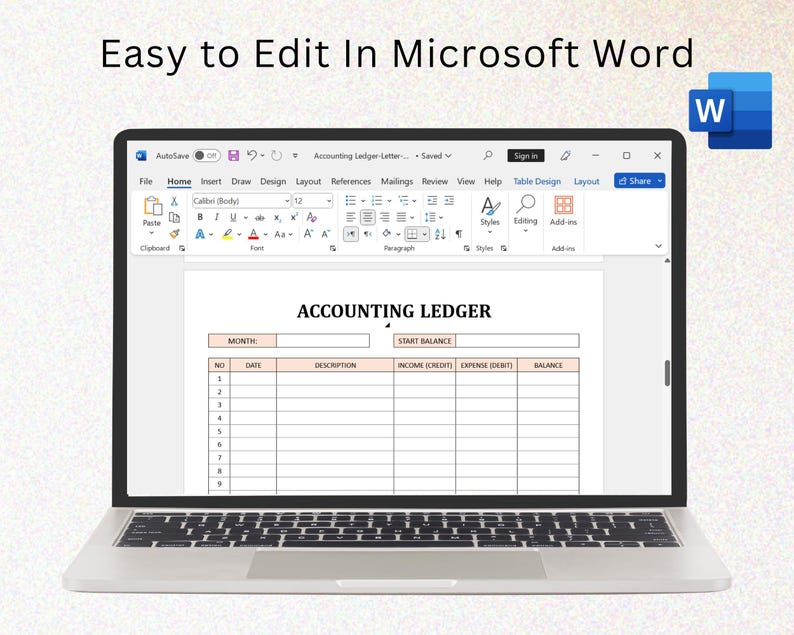 May include: A screenshot of a Microsoft Word document with a table titled "Accounting Ledger". The table has columns for month, date, description, income (credit), expense (debit), and balance.