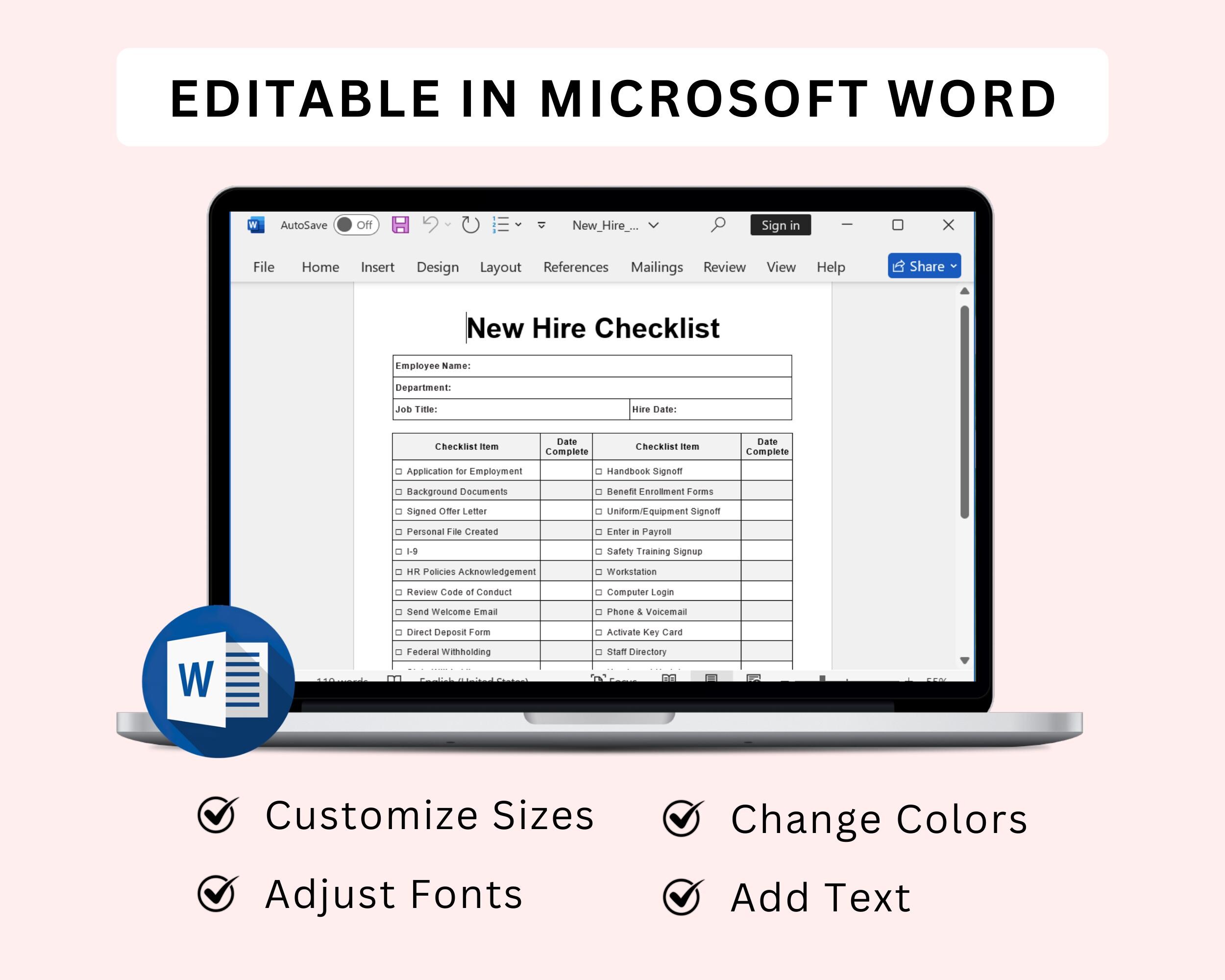 Printable New Hire Checklist Template. Employee Onboarding Checklist. HR New Hire Form. Hiring ...