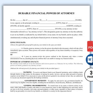 Printable Durable Financial Power of Attorney Template. Editable Durable Financial Power of Attorney Form. Digital Download WORD PDF