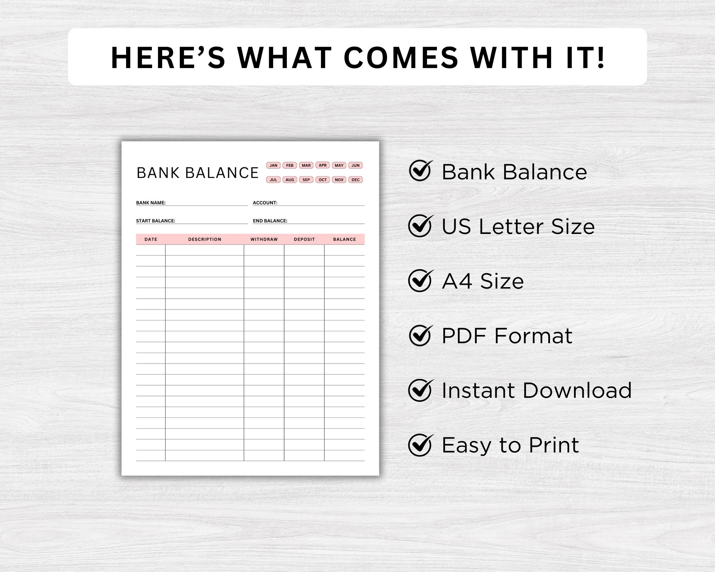 Printable Bank Balance Sheet, Savings Tracker, Banking Record, Finance ...