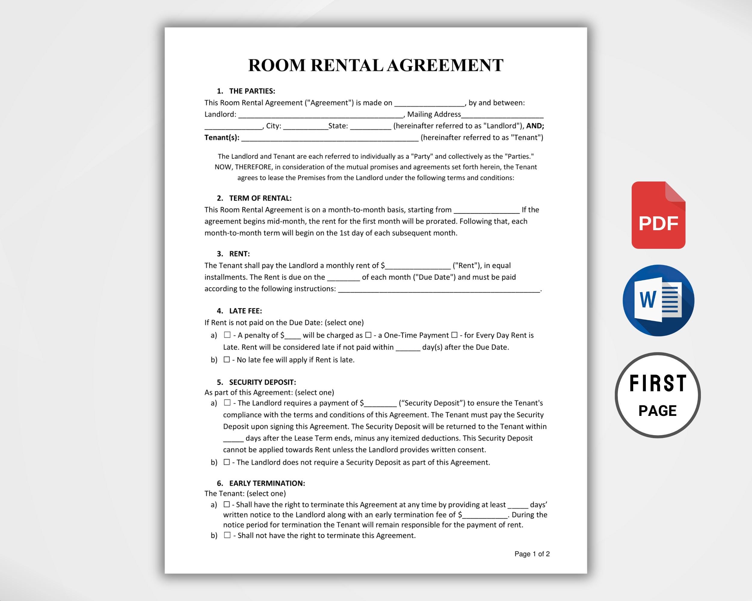 Basic Room Rental Agreement Template | Editable Room Rental Contract ...