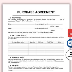 Bewerkbare sjabloon koopovereenkomst. Aan- en verkoopcontract. Zakelijk verkoopcontract. Aankoopovereenkomst eigendom Afdrukbare pdf Word