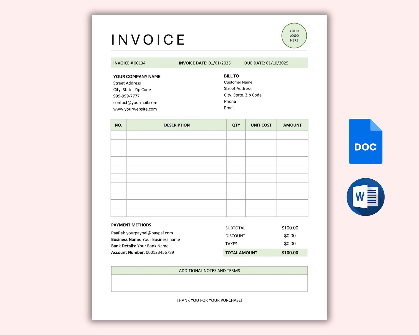 Editable Invoice Template Word & Google Docs. Printable Billing ...