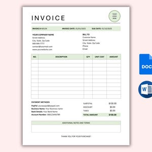May include: A printable invoice template in a green and white color scheme. The template includes fields for invoice number, invoice date, due date, bill to, description, quantity, unit cost, amount, subtotal, discount, taxes, and total amount. The template also includes a section for payment methods, with fields for PayPal, business name, bank details, and account number. The template includes the text "INVOICE" at the top of the page.
