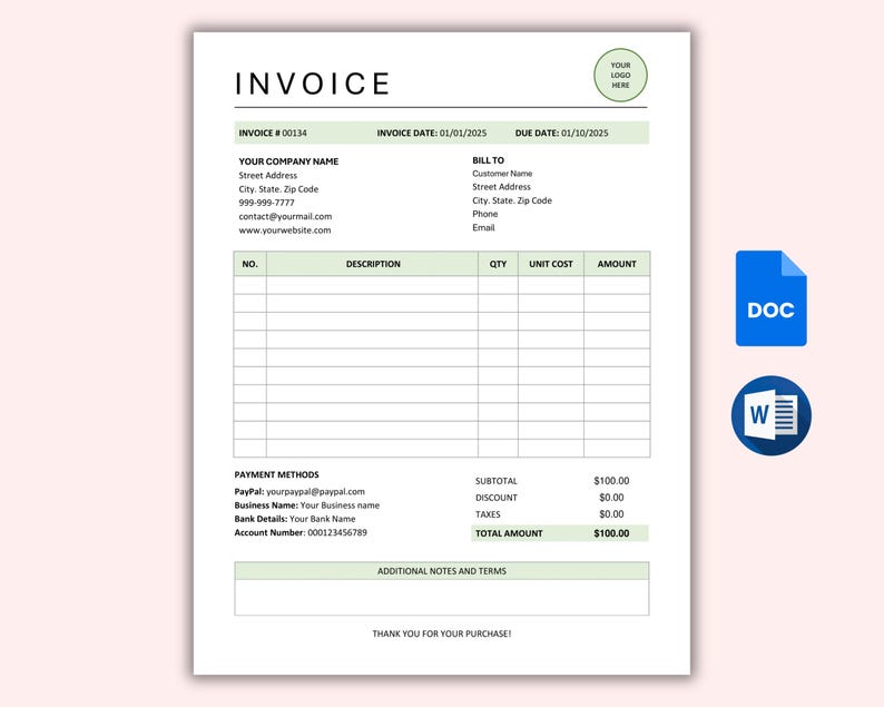 Editable Invoice Template Word & Google Docs. Printable Billing ...