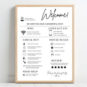 Op de afbeelding: Zwart-witte printbare welkomstkaart voor gasten met instructies voor uitchecken, huisregels, contactgegevens en een beoordelingssectie met vijf sterren. De tekst bevat "Welkom!" en "We hopen dat u een aangenaam verblijf heeft!"