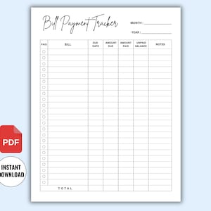 Monthly Bill Organizer Tracker Printable PDF | Bill Payment Checklist | Finance Planner | Expense Tracker | Bill Checklist Instant Download