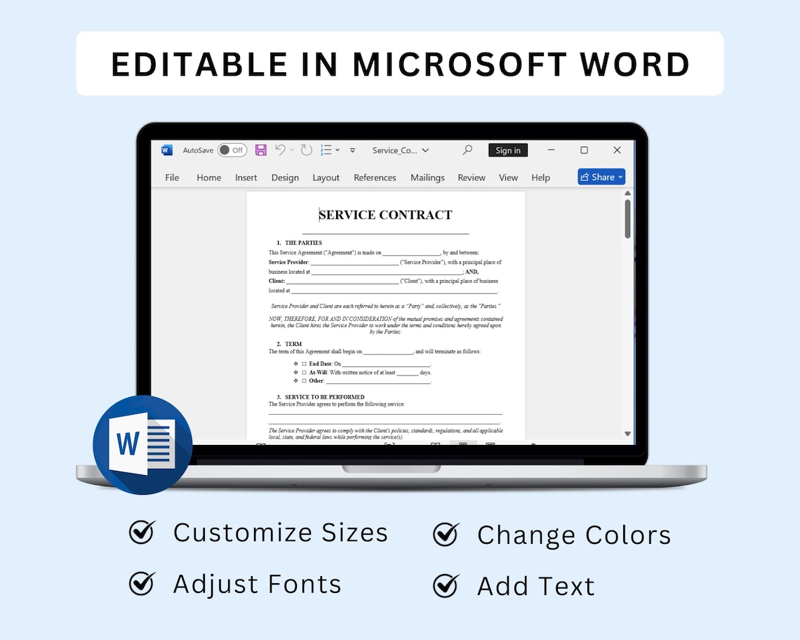 Editable Service Contract Template, Printable Services Contract ...