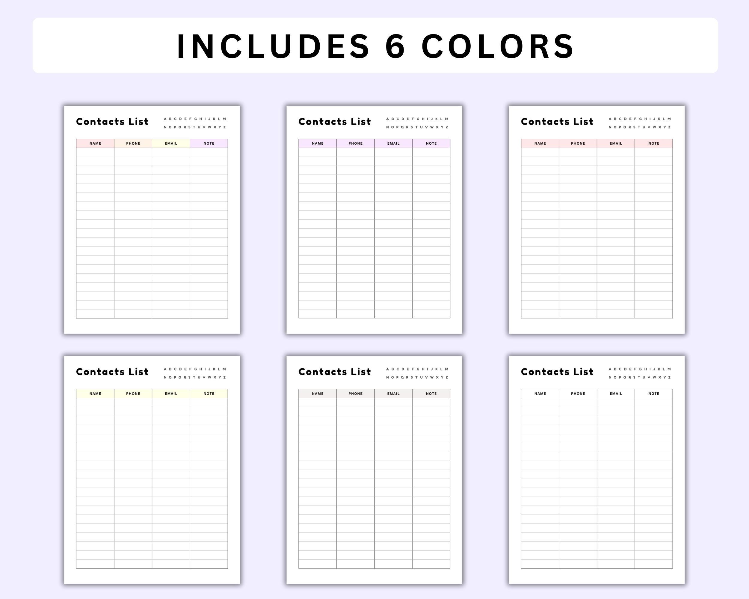 Printable Contact List Template, Phone Number and Contact Information ...