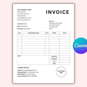May include: A black and white invoice template with the word "INVOICE" in bold at the top. The template includes sections for billing information, item description, quantity, price, total, subtotal, discount, tax, and payment details. The template also includes a space for a logo.