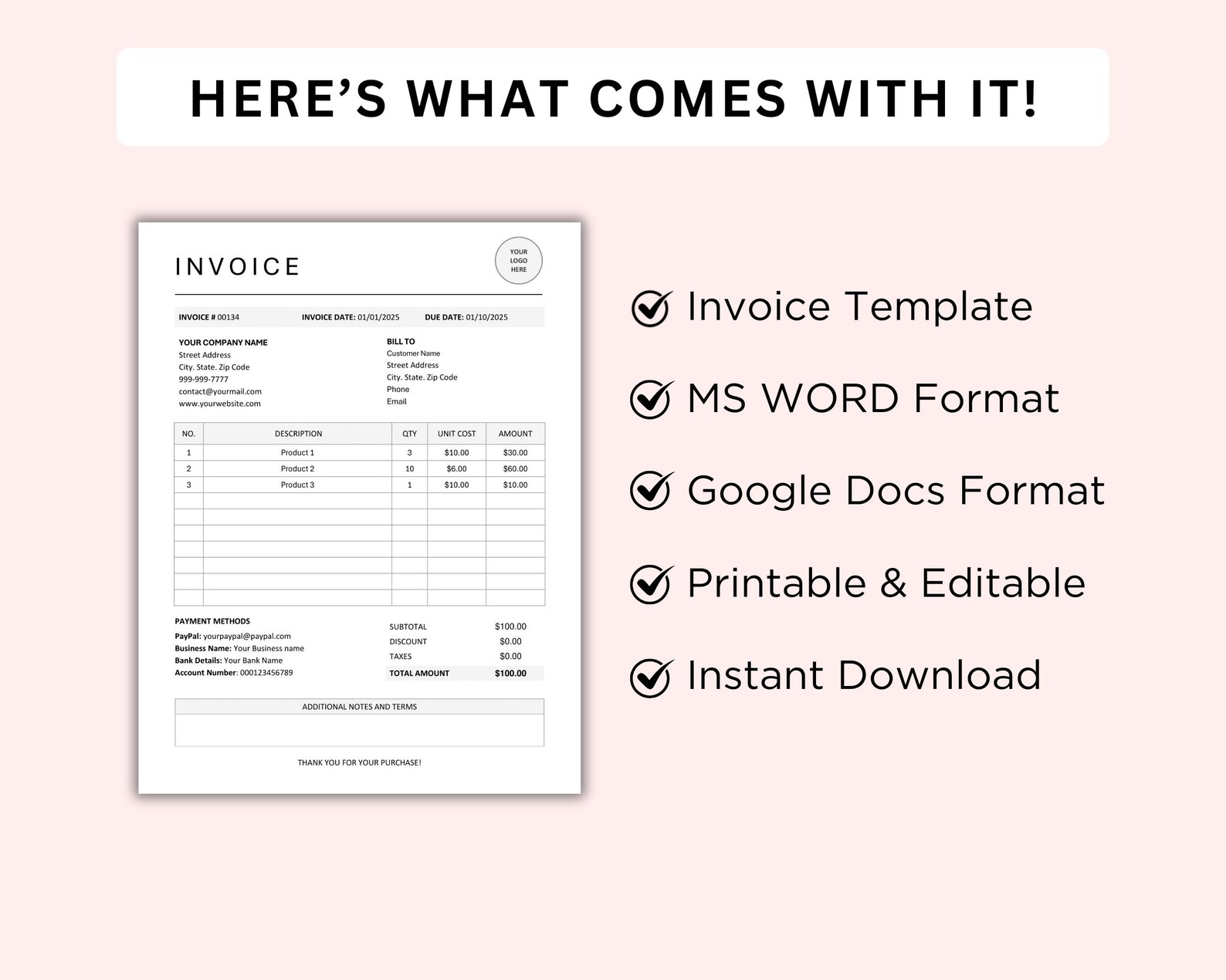 Editable Invoice Template Word & Google Docs. Business Invoice Form ...