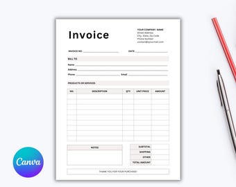 Invoice Template Canva, Professional Business Invoice, Modern Printable Billing Template, Editable Custom Invoice Form