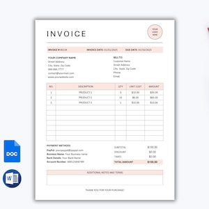 Invoice Template Word & Google Docs | Modern Professional Invoice | Business Invoice Template | Printable Billing Template | Invoice Form