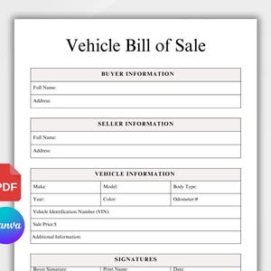 Printable Vehicle Bill of Sale. Car Sale form. Bill of Sale Agreement. Bill of Sale Form. Digital Car Bill of Sale PDF. Instant Download