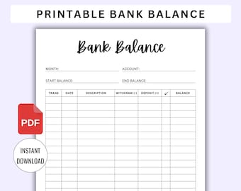 Bank Balance Printable, Account Tracker, Bank Account Log, Balance Sheet. Savings Account Transactions Tracker, Money Saving Sheet (PDF)