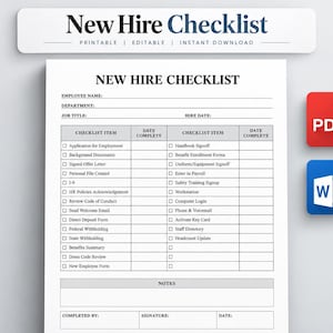 Può includere: Un documento di lista di controllo per le nuove assunzioni con testo nero su sfondo bianco, che include campi per nome, dipartimento, posizione e data, una tabella a due colonne con caselle di controllo, una sezione note e icone PDF e Word.