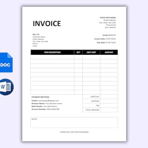 May include: A black and white invoice template with sections for billing information, item description, quantity, unit cost, amount, payment methods, and notes. The template includes fields for customer name, address, phone number, email, invoice number, invoice date, due date, subtotal, shipping, tax, and total amount.