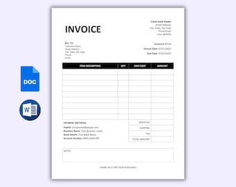 Editable Invoice Template, Printable Microsoft Word Invoice (A4 & US Letter)