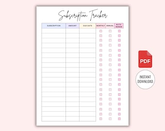 Subscription Tracker Printable, Monthly Subscription Log, Expense Tracker, Membership Tracker, Bill Organizer, A4 Letter Size
