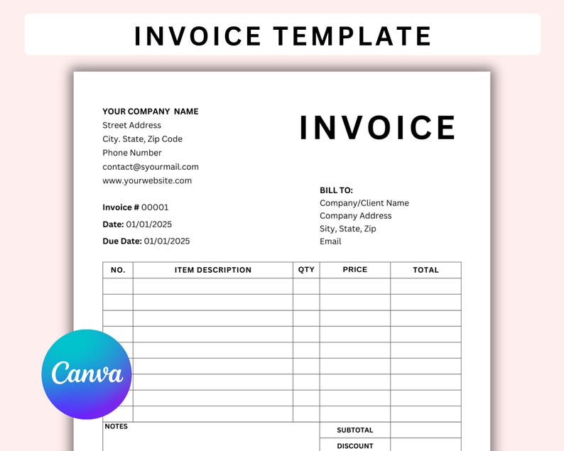 May include: A black and white invoice template with the title "INVOICE TEMPLATE" at the top. The template includes fields for company name, address, invoice number, date, due date, item description, quantity, price, total, subtotal, and discount.