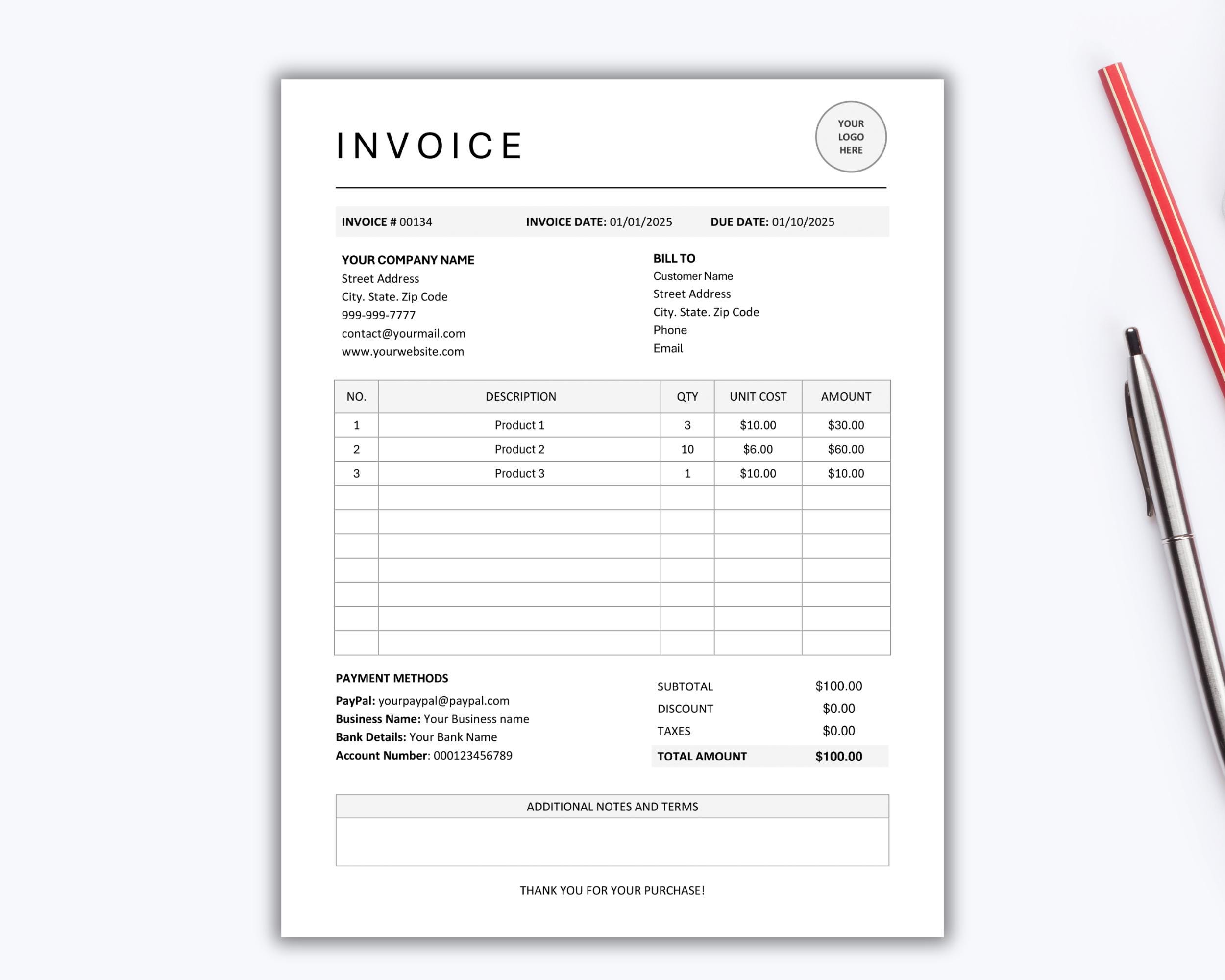 Editable Invoice Template Word & Google Docs. Business Invoice Form ...
