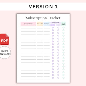 May include: A printable subscription tracker with columns for subscription name, due date, amount, frequency, and auto renew. The tracker has a pastel color scheme and includes checkboxes for monthly and annual frequency and auto renew.