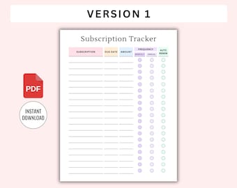 May include: A printable subscription tracker with columns for subscription name, due date, amount, frequency, and auto renew. The tracker has a pastel color scheme and includes checkboxes for monthly and annual frequency and auto renew.