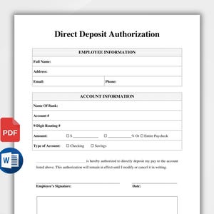 Op de afbeelding: Een zwart-wit direct deposit autorisatieformulier met velden voor werknemersinformatie, rekeninginformatie en handtekeningen. Het formulier bevat velden voor volledige naam, adres, e-mail, telefoon, naam van de bank, rekeningnummer, routingnummer, bedrag, type rekening, handtekening van de werknemer en datum.