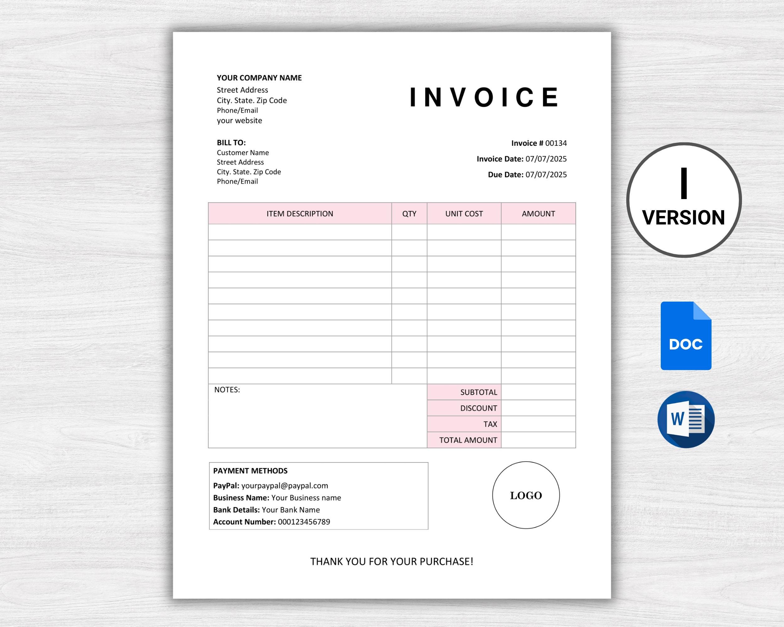 Editable Invoice Template: Printable Microsoft Word Invoice (A4 & US ...