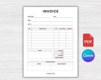 Invoice Template Canva, Printable Business Invoice, Editable Billing Form PDF Instant Download